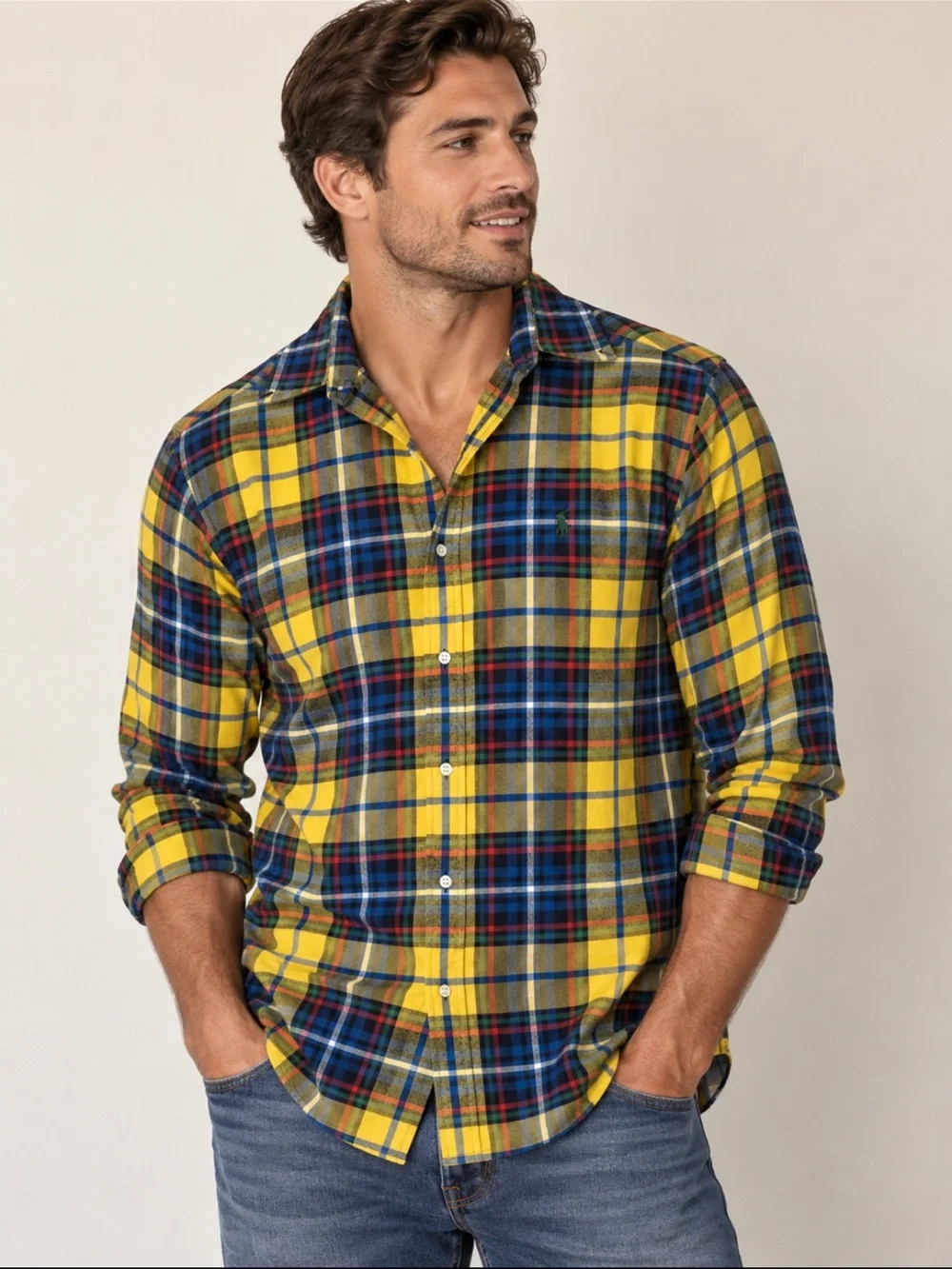 Ralph Lauren Yellow, Blue & Green Plaid Performance Flannel- Men's Size Large